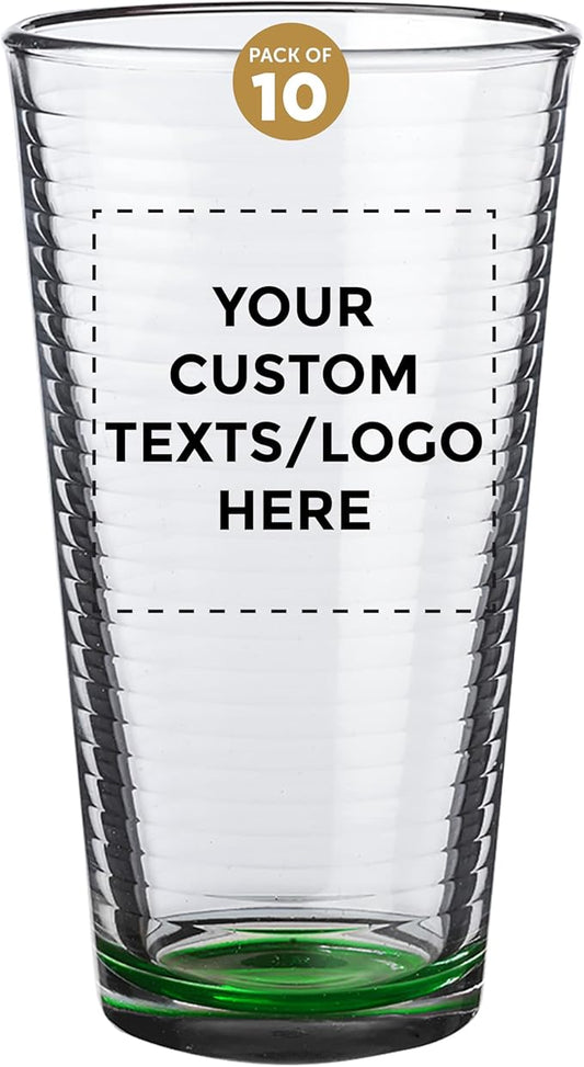 Custom Spiral Pint Glass 16 oz. Set of 10, Personalized Bulk Pack - Beer Glasses, Heavy Duty Drinkware - Green