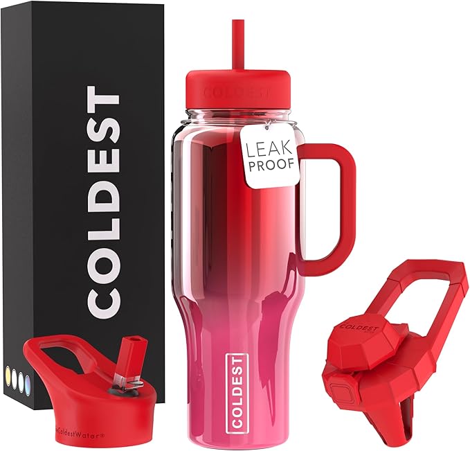 Coldest Tumbler with Handle and Straw - 100% Spill Proof Tumbler with Straw (3 Lids) - Stainless Steel Insulated Leakproof Tumblers for Women & Men - 36 oz (Strawberry Nova)