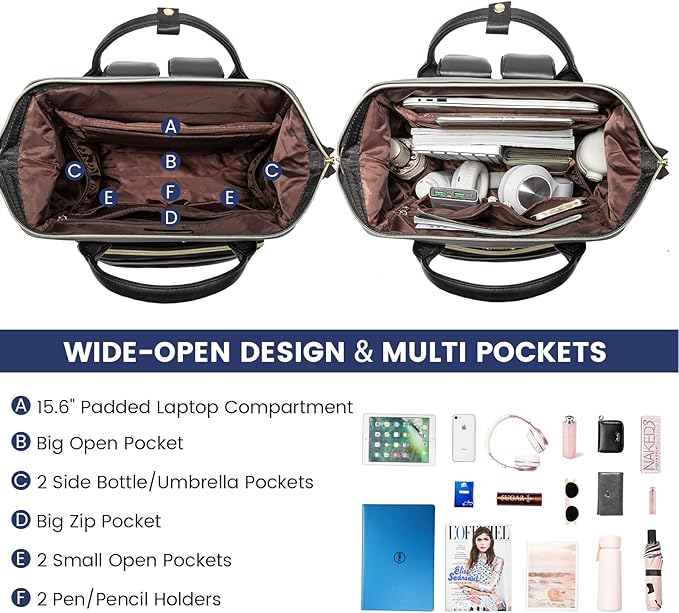 LOVEVOOK Leather Backpack for Women,15.6 inch Leather Laptop Backpacks Women,Professional Work Backpacks Nurse College Teacher Bag,Womens Laptop Bag Computer Travel Backpack Purse,Smoky Gray-Black