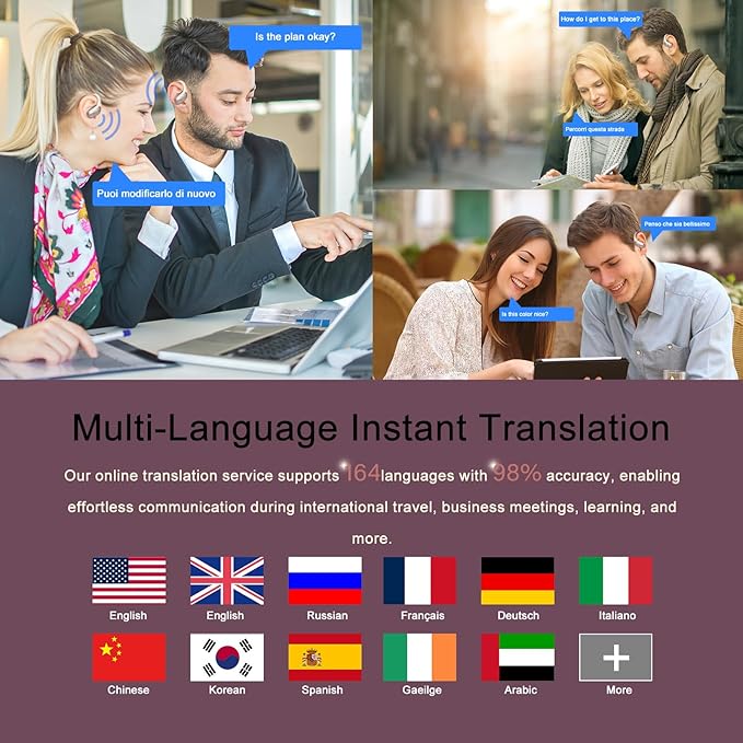 AI Translation Earbuds Real Time, 164 Language Translator Earbud 3-in-1 Bluetooth 5.4 Translator Earbuds with 6 Translation Modes, 75H Translators Headphones with APP for Travel Business, Rose Gold
