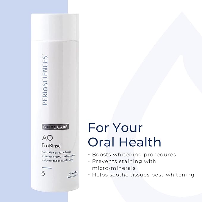 PerioSciences AO ProRinse White Care Whitening Mouthwash with Essential Oils and Antioxidants - Alcohol Free Mouthwash for Post-Whitening Enamel Protection, 10 fl oz/300ml Pack of 2