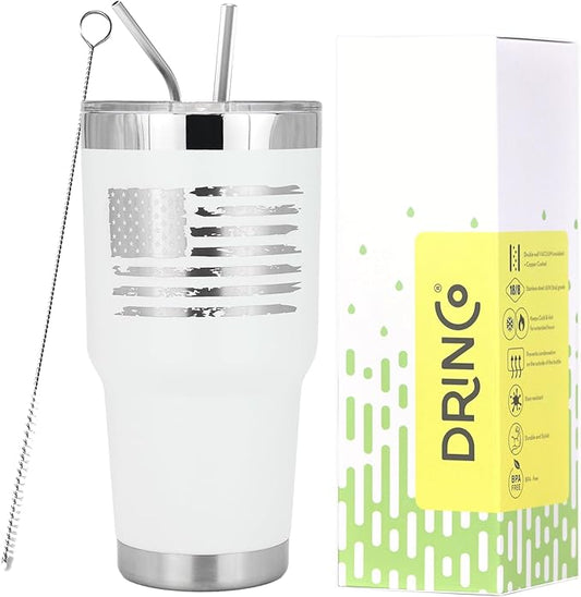 Drinco - 30 oz Stainless Steel Tumbler | Double Walled Vacuum Insulated Mug With Lid, 2 Straws, For Hot & Cold Drinks (30oz Artic White USA Flag, 30oz)