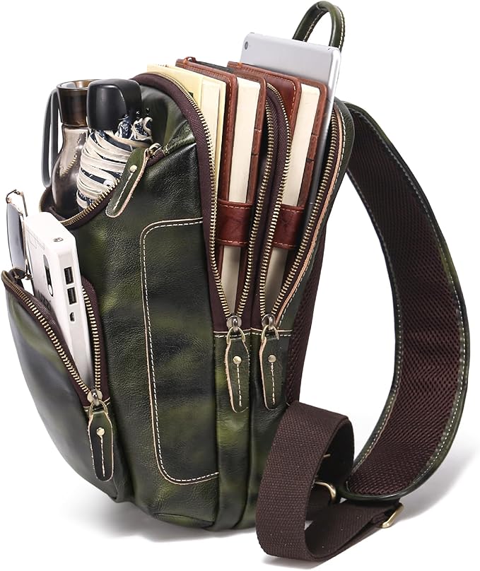 LANNSYNE Vintage Full Grain Leather Sling Bag Crossbody Chest Daypack