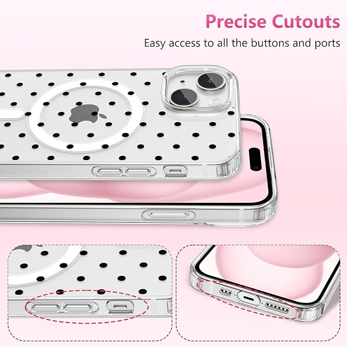 ZTOFERA Magnetic for iPhone 15 Case,Cute Polka Dot Phone Case Aesthetic Striped Clear Trendy Slim Soft Shockproof Protective Phone Cover for Women Girls, Black Dot