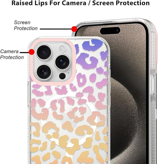 SAKUULO Magnetic for iPhone 15 Pro Case Colourful Leopard Print Pattern [Compatible with MagSafe] [with Screen Protector] Wireless Charge Strengthen Protection Cover, Colourful Leopard (6.1")