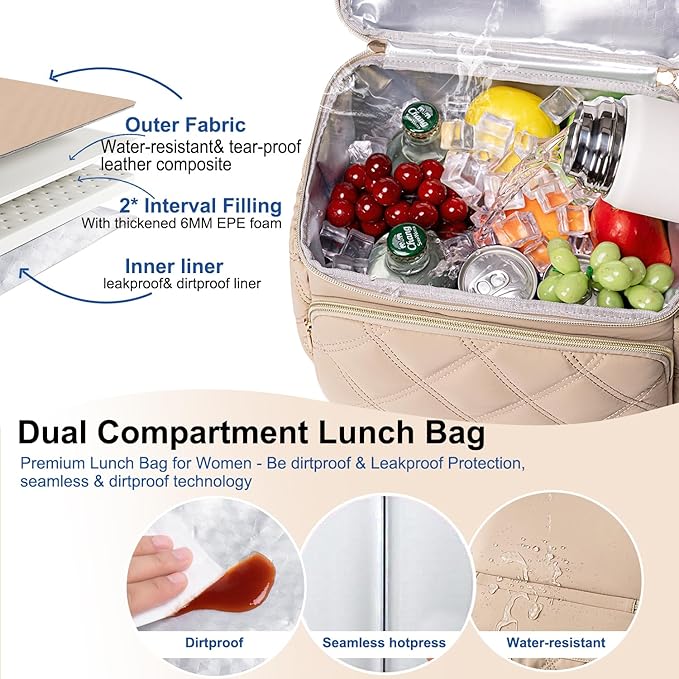 Weitars Lunch Bag for Women Men,Double Deck Lunch Box for Women,Quilted Lunch Tote for Work,Insulated Lunch Cooler Leakproof Lunchbox for Adult with Shoulder Strap &Pockets for Picnic Hiking (Khaki)