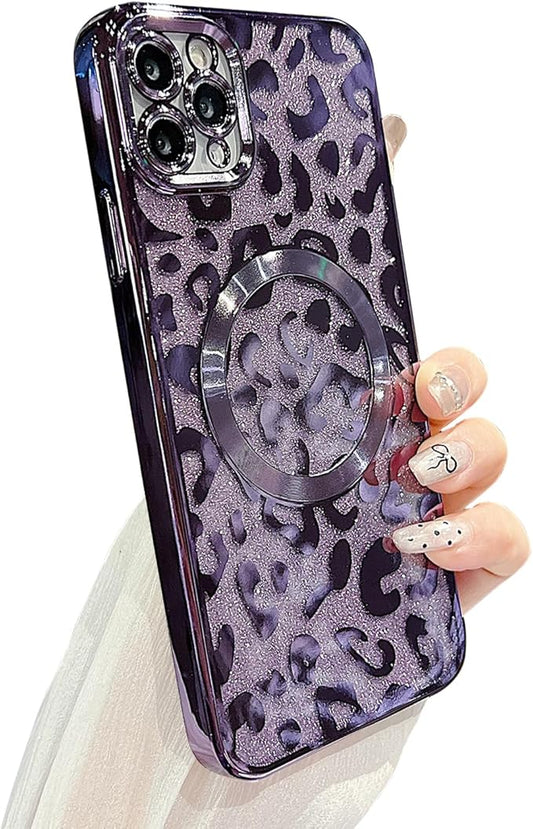 for iPhone 11 Pro Case Magnetic,Soft Cute Luxury Leopard Cheetah Pattern Plating Glitter Bling Phone Case Compatible with MagSafe Clear Shockproof Back Cover for Women Girl 5.8"-Purple