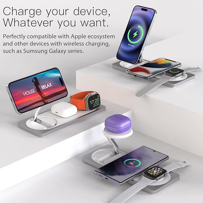 3 in 1 Charging Station for Apple Devices: Used for iPhone and Watch Charging Station with Magsafe Charger Stand, Wireless Charger for iPhone 16/15/14/13/12, Apple Watch 1-9/Ultra, AirPods 3 Pro