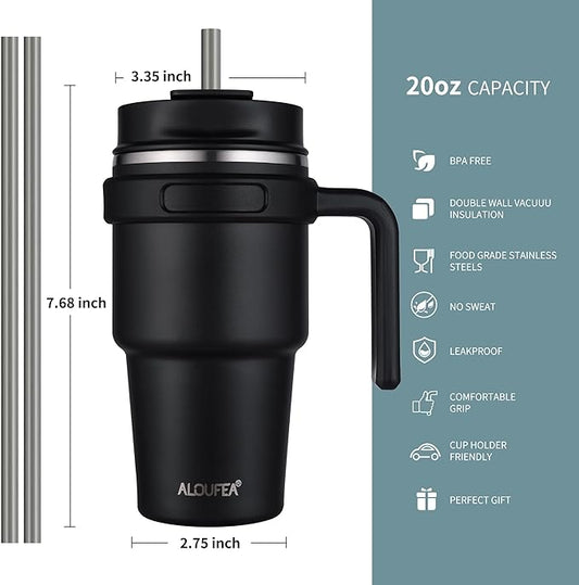 ALOUFEA 20 oz Insulated Coffee Mug Tumbler with Handle, Stainless Steel Travel Mug Tumbler with Lid and Straw,Double Wall Vacuum Leak Proof Ice Coffee Thermal Cup,Plum