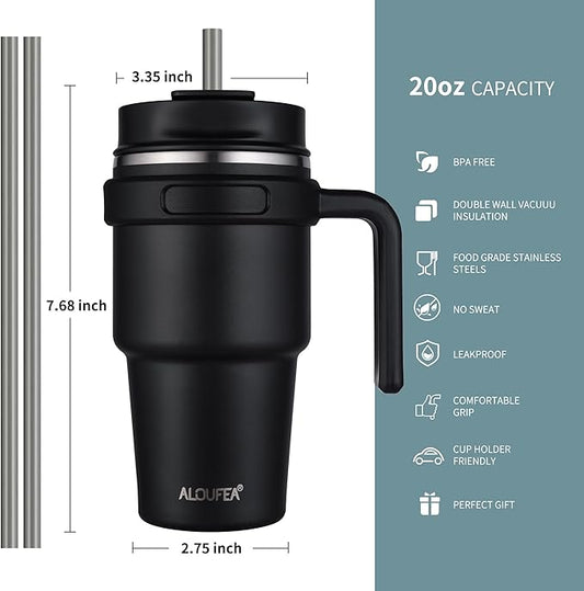 ALOUFEA 20 oz Insulated Coffee Mug Tumbler with Handle, Stainless Steel Travel Mug Tumbler with Lid and Straw,Double Wall Vacuum Leak Proof Ice Coffee Thermal Cup, Indigo Black