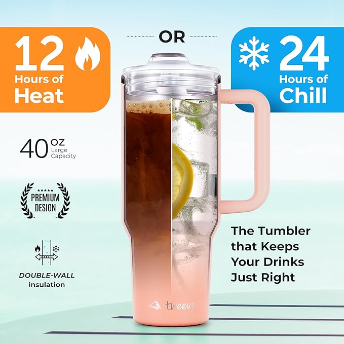 40 oz Tumbler With Handle and Straw Made of Stainless Steel - Double Wall Vacuum Insulated Tumbler With Lid - Sweat Proof Easy Grip, BPA-Free, Dishwasher Safe Tumbler (Peach)