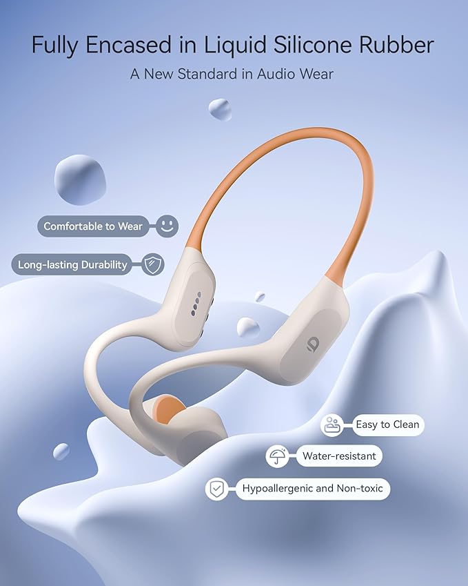Open Ear Sport Headphones, Soft Silicone Wireless Bone Conduction Earphones, Powerful Bass, 10H Lasting, Multipoint Capable, Quick Charge, Built-in 32GB MP3