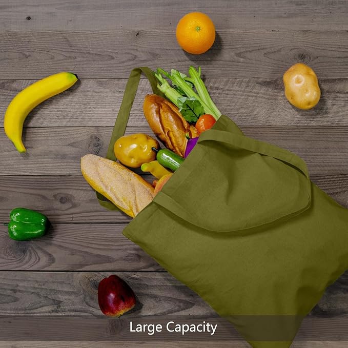 TOPDesign 12-Pack Economical 16"x15" Olive Green Cotton Tote Bags, Lightweight Medium Reusable Grocery Shopping Cloth Bags, Suitable for DIY, Advertising, Promotion, Gift, Activity