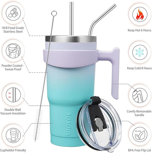 BJPKPK 20 oz Tumbler With Handle And Straw Stainless Steel Insulated Tumbler Cups For Water Or Ice Coffee,Lavender Green