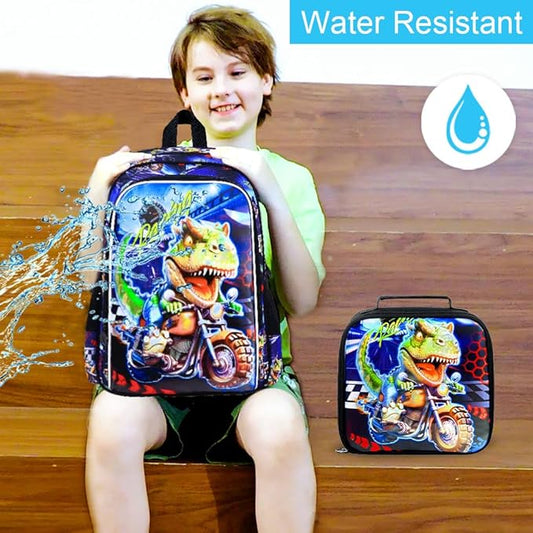 CCJPX 3PCS Dinosaur Backpack for Boys, 16 Inch Kids Water Resistant Preschool Bookbags with Lunch Box, Cool School Bag for Kindergarten Toddler