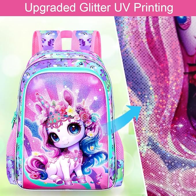 16" Unicorn Backpack for Girls, 3Pcs Kids School Backpacks with Lunch Box, Bookbag for Elementary Preschool Kindergarten(Pink)