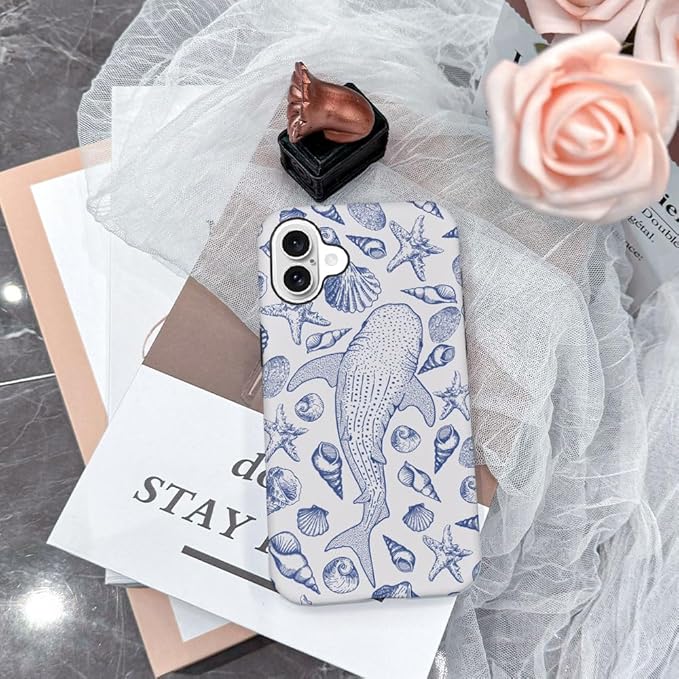 DAIZAG Case Compatible with iPhone 16 Plus,Fit Shockproof Cover for Women Girls,Blue Seashell Whale Shark Ocean