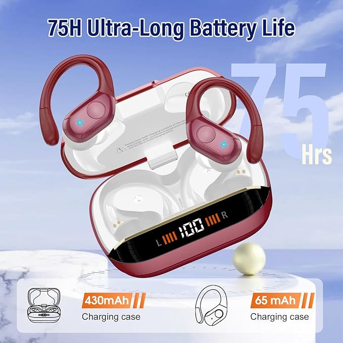 Wireless Earbuds Bluetooth 5.4 Headphones 75H Stereo Deep Bass Sports Over Ear Buds with Earhooks, LED Display Bluetooth Earbuds with 4 ENC Mic, IP7 Waterproof Earphone for Running, Red