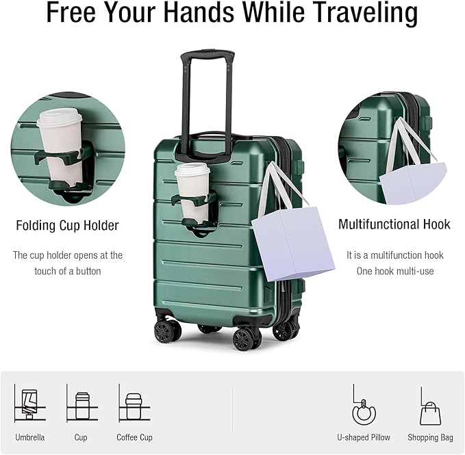 KYME Green Carry On Luggage 22x14x9 Airline Approved Expandable 20 Inch Hardshell Carry On Suitcase with Wheels TSA Lock Small Travel Rolling Luggage with Cup Holder for Men Women