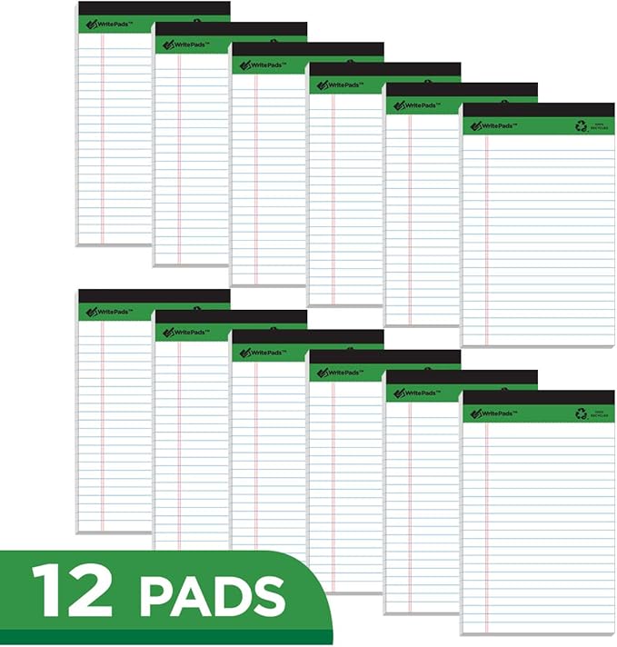 KAISA White Legal Pads Writing Pads Recycled Paper 5"x8" Narrow Ruled Lined Paper Small Legal pad Perforated 50 sheets Hard Back Notepads Writing Tablet For Office Supplies Study (White 12pads)