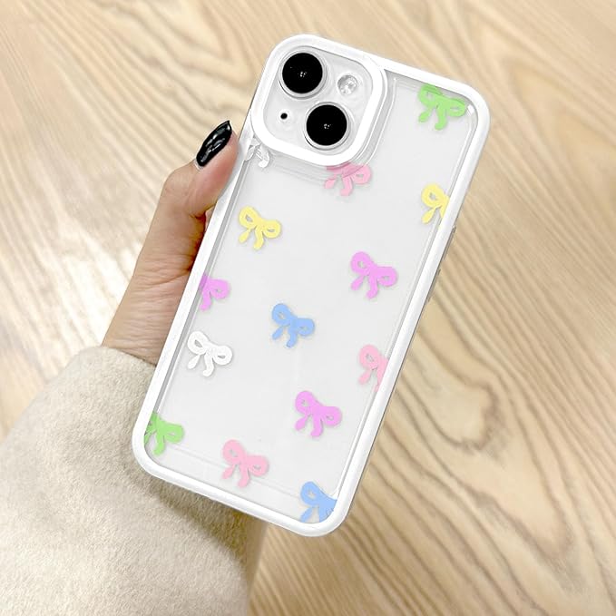 EYZUTAK Case for iPhone 14, Clear Cute Ribbon Bowknot Pattern Aesthetic Transparent Phone Case Raised Camera Protection Stylish Slim Soft Durable TPU Protective Cover for Women Girls - Colorful