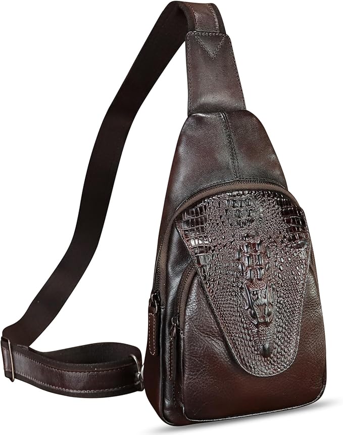 Genuine Leather Sling Bag Embossed Crocodile Pattern Leather Crossbody Sling Backpack Handmade Chest Purse Daypack (Coffee)
