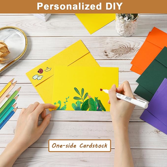100 Packs 10 Assorted Colors Blank Note Cards and Envelopes 4.25 x 5.5 Heavyweight Single Panel Cardstock and A2 Envelopes Printable Self Seal for Wedding, Invitations, Thank You Cards