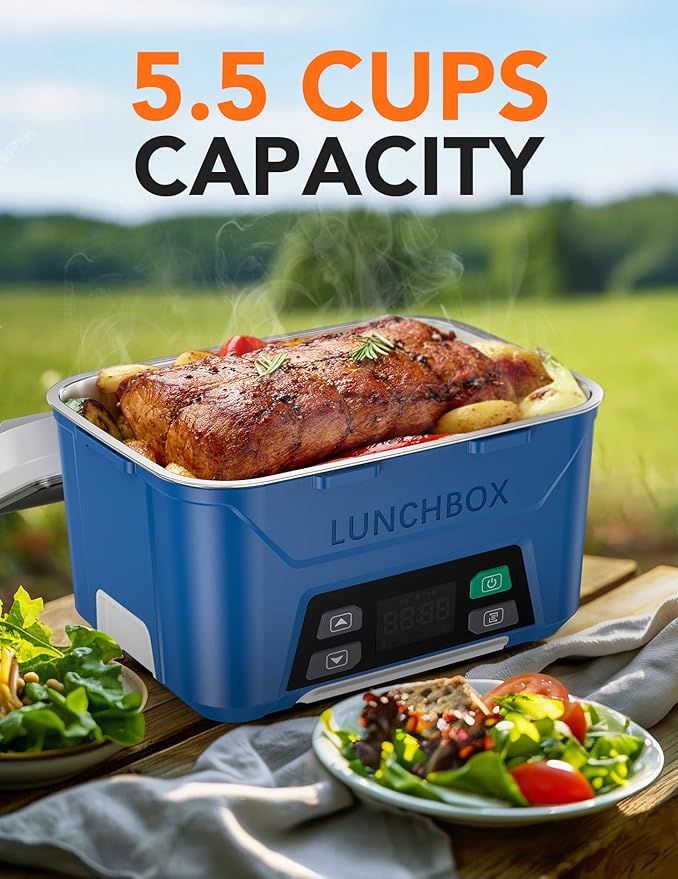 EAST OAK Cordless Electric Lunch Box for Adults, Heated Lunch Box Battery Powered with Automatic Heating, 5.5 Cups Portable Food Warmer with Removable Tray Divider