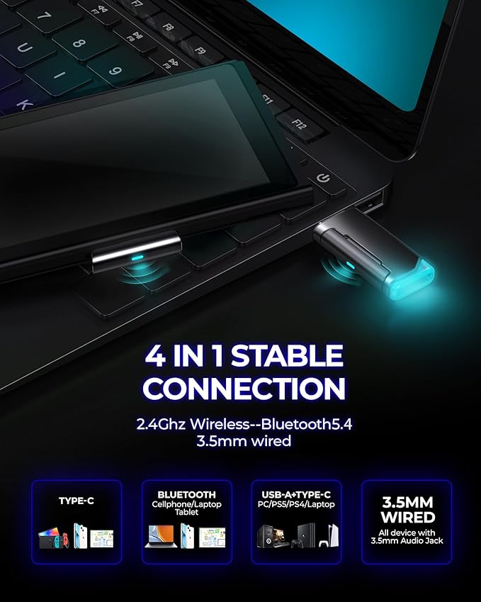 Wireless Gaming Headset, 7.1 Surround Sound, 2.4GHz USB Gaming Headphones with Bluetooth 5.4, 100H Battery, ENC Noise Canceling Mic, RGB Light, Wireless Headset for PC PS5 PS4 Mac Switch (Black-Blue)