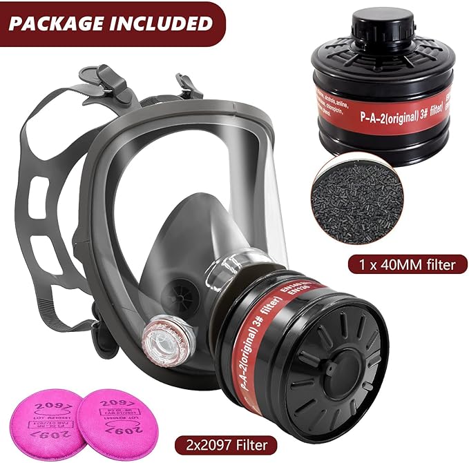 Reusable Full Face Gas Respirator, Anti-fog Gas Cover Organic Vapor Respirator Mask with 40 mm Activated Carbon Filter Canister and 2097 Filter, for Painting, Welding, Chemical