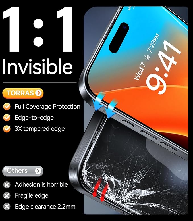 TORRAS Military-Grade Shatterproof for iPhone 16 Pro Screen Protector [9H+ Aerospace Tempered Glass＆ One-Step Installation] Full Coverage Fit Bubble Free Top-Notch Protection, 2 Pack, GlassGo X