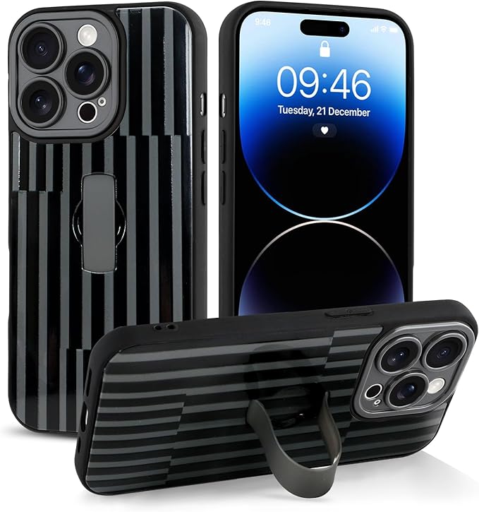 Compatible with iPhone 14 Pro Case with Finger Hand Strap Kickstand, Trendy Cool Striped Phone Case for Women Men, Full Camera Protection Shockproof Protective Cover, Black Stripes