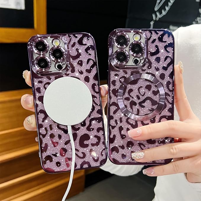 for iPhone 12 Pro Case Magnetic,Soft Cute Luxury Leopard Cheetah Pattern Plating Glitter Bling Phone Case Compatible with MagSafe Clear Shockproof Back Cover for Women Girl 6.1"-Purple