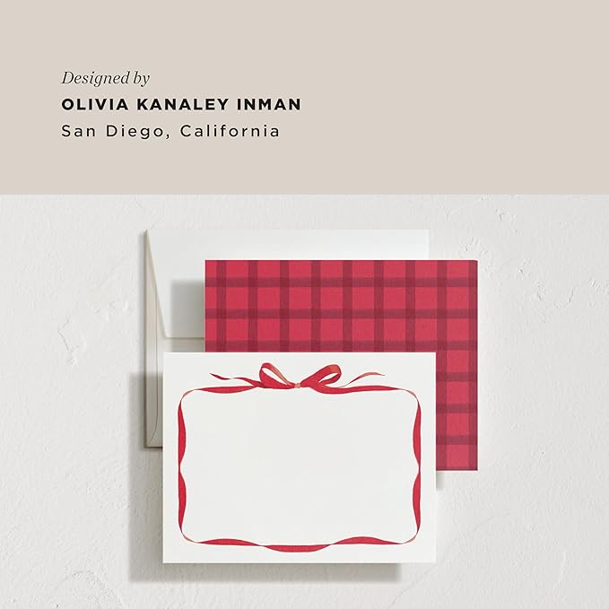 Minted Bow Stationery Cards, 10 Count, Blank Cards and Envelopes For Thank You Notes, Holiday Greeting, Invitations & Handwritten Messages, Note Cards & Stationery Set, Gifts for Women, Red Bow Theme