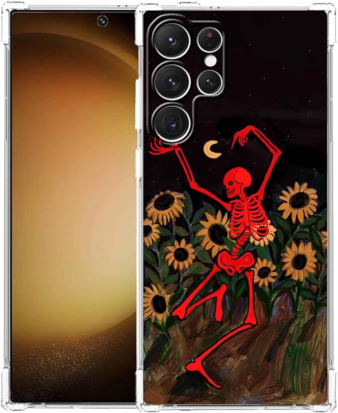 Case for Samsung Galaxy S23 Ultra with Dancing Skull Design,Cute Hippie Skeleton Flowers Pattern,Clear Soft TPU Bumper Phone Cover,6.8"(Skull,S23U)