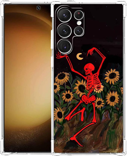 Case for Samsung Galaxy S23 Ultra with Dancing Skull Design,Cute Hippie Skeleton Flowers Pattern,Clear Soft TPU Bumper Phone Cover,6.8"(Skull,S23U)
