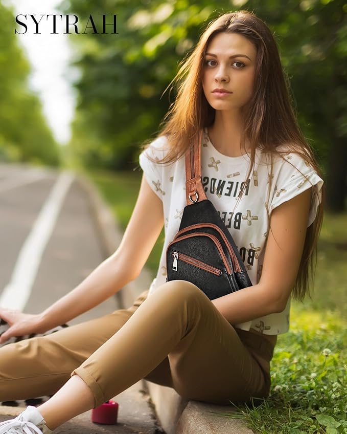 Sling Bag for Women, Crossbody Bags for Women Trendy Crossbody Purse Vegan Leather Sling Backpack Chest Bag with Dual Purpose Strap, Black Brown