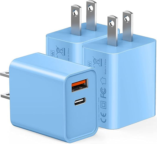 3 Pack Dual Port USB C Charger Block, 20W Power Delivery + QC3.0 USB A Double Port Fast Charging Brick for iPhone 16 15 14 13 12 Pro Max Plus SE X XS Cube, Quick Charge Plug Adapter (Blue)