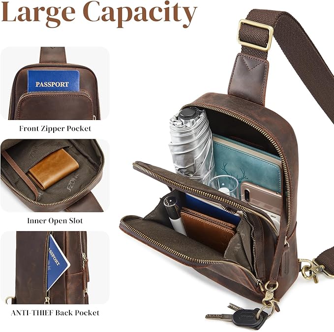 S-ZONE Sling Bag for Men Women RFID Blocking Top Grain Leather Crossbody Shoulder Bag Chest Hiking Daypack Travel