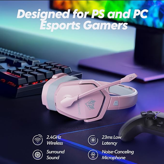 NUBWO G06 Dual Wireless Gaming Headset with Mic for PS5, PS4, PC, Mobile, Switch: 2.4GHz Wireless + Bluetooth - 100 Hr Battery - 50mm Drivers - Pink