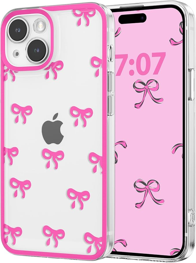 EYZUTAK Case for iPhone 15 Plus, Clear Cute Ribbon Bowknot Pattern Aesthetic Transparent Phone Case Raised Camera Protection Stylish Slim Soft Durable TPU Protective Cover for Women Girls - Rose Red