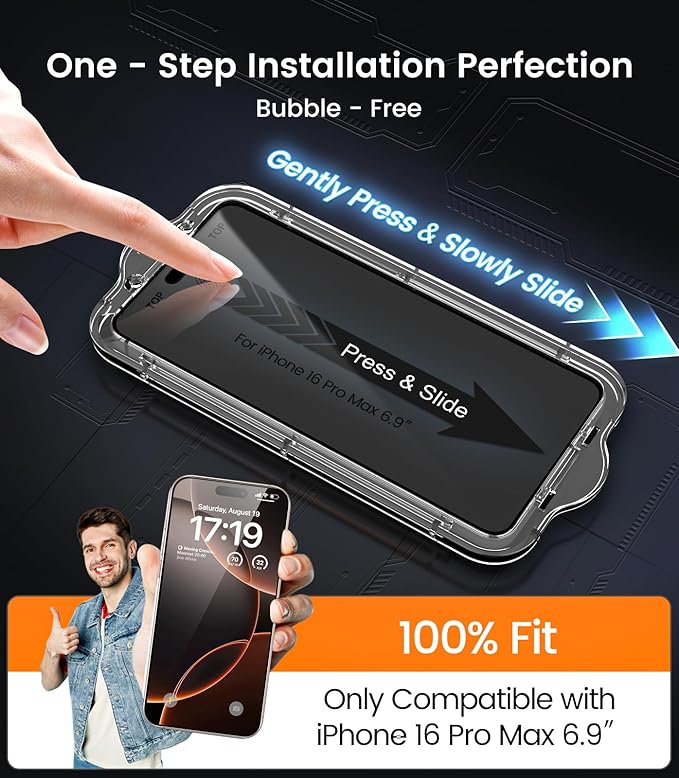 EZ-GLAZ- 4 Pack for iPhone 16 Pro Max Privacy Screen Protector [6.9"] With 2 Pack Camera Lens Protector, 9H+ Hardness 12FT Military Grade Shatterproof Scratch Resistant Durable Tempered Glass Film with Flawless Fit Kit