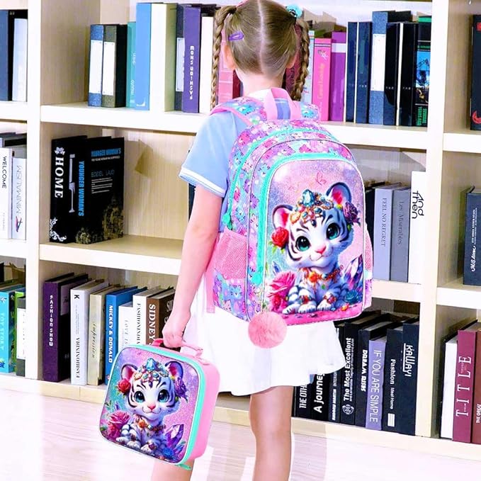 16" Girls Backpack, 16" Kids Bookbag with Lunch Box，Tiger School Backpacks for Elementary Preschool Kindergarten (Pink)