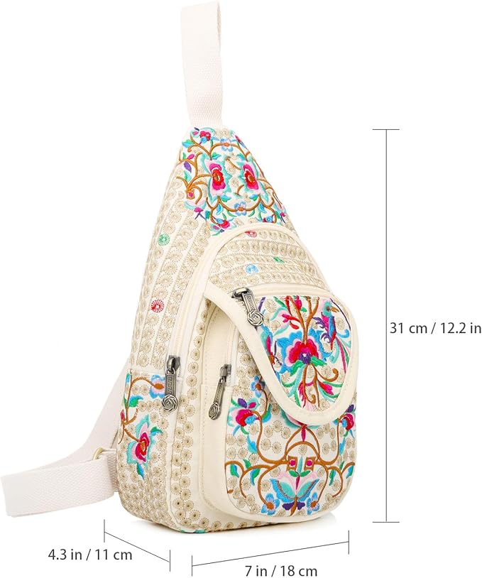 SILKAREA Vintage Floral Small Sling Bag for Women's Chest Purse Handbag Shoulder Bag Travel Embroidered Backpack Purse (Beige Red)