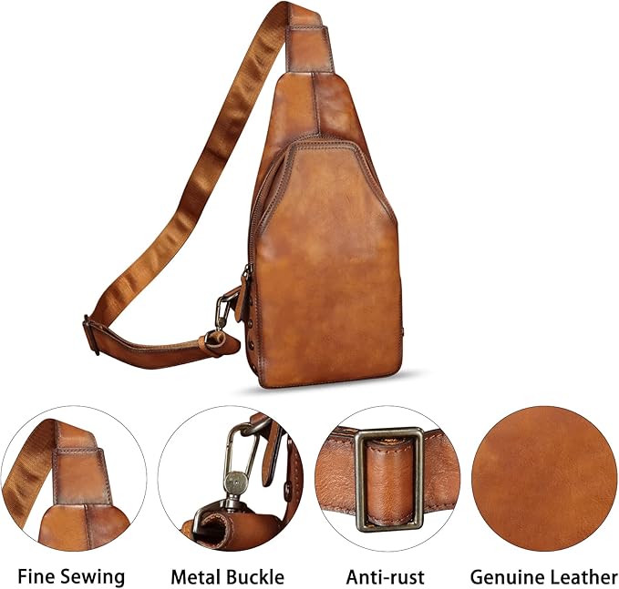 Genuine Leather Sling Bag Retro Crossbody Sling Backpack Handmade Chest Shoulder Daypack Purses Fanny Pack (Brown)