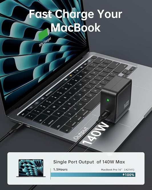 MacBook Charger 140W, Compact and Foldable GaN+ PD 3.1 USB C Fast Charging for MacBook Pro/Air, M1 M2 M3 M4, Samsung Galaxy, iPad Pro and All Type C Device, USB-C Cable Included