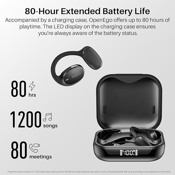 TOZO OpenEgo Open Ear Earbuds Bluetooth Headphones, 80Hrs Playtime Wireless Earbuds with Earhooks, Digital Display, 32 EQ Modes, Clear Call, Comfortable Wear, Sweat-Proof for Running Workout Black