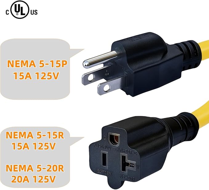 6-Feet 15 Amp Household AC Plug to 20 Amp T Blade Adapter Cable，14AWG 6-Foot 15 Amp to 20 Amp Plug Adapter Cord Nema 5-15P to 5-15R/5-20R 20Amp Comb AC Power Cord, Yellow