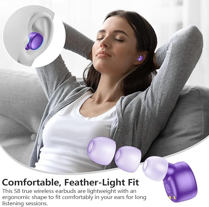 MOZOTER S8 Mini Wireless Earbuds Bluetooth 5.3 in Ear Light-Weight Headphones,60Hrs Playtime Ear Buds with Charging Case,Bluetooth Headsets,Premium Sound with Deep Bass for Sport-Purple