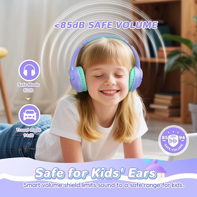 Kids Bluetooth Headphones, 85H Playtime Wireless Headphones for Kids, Colorful LED Lights, 85/94dB Safe Volume Limit, Bluetooth 5.4 Built-in Mic Toddler Headset for Tablet/Airplane/Travel (Purple)